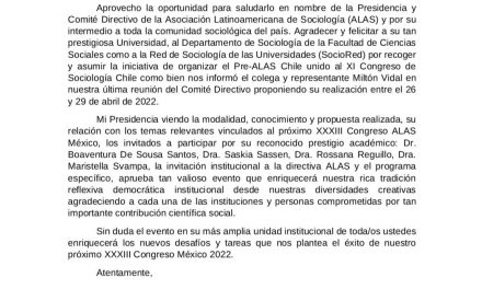 Nuestro Saludo al Pre ALAS  Chile de mi Presidencia y Comité Directivo
