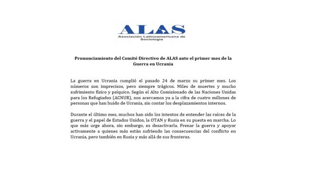 Pronunciamiento del Comité Directivo de ALAS ante el primer mes de la Guerra en Ucrania